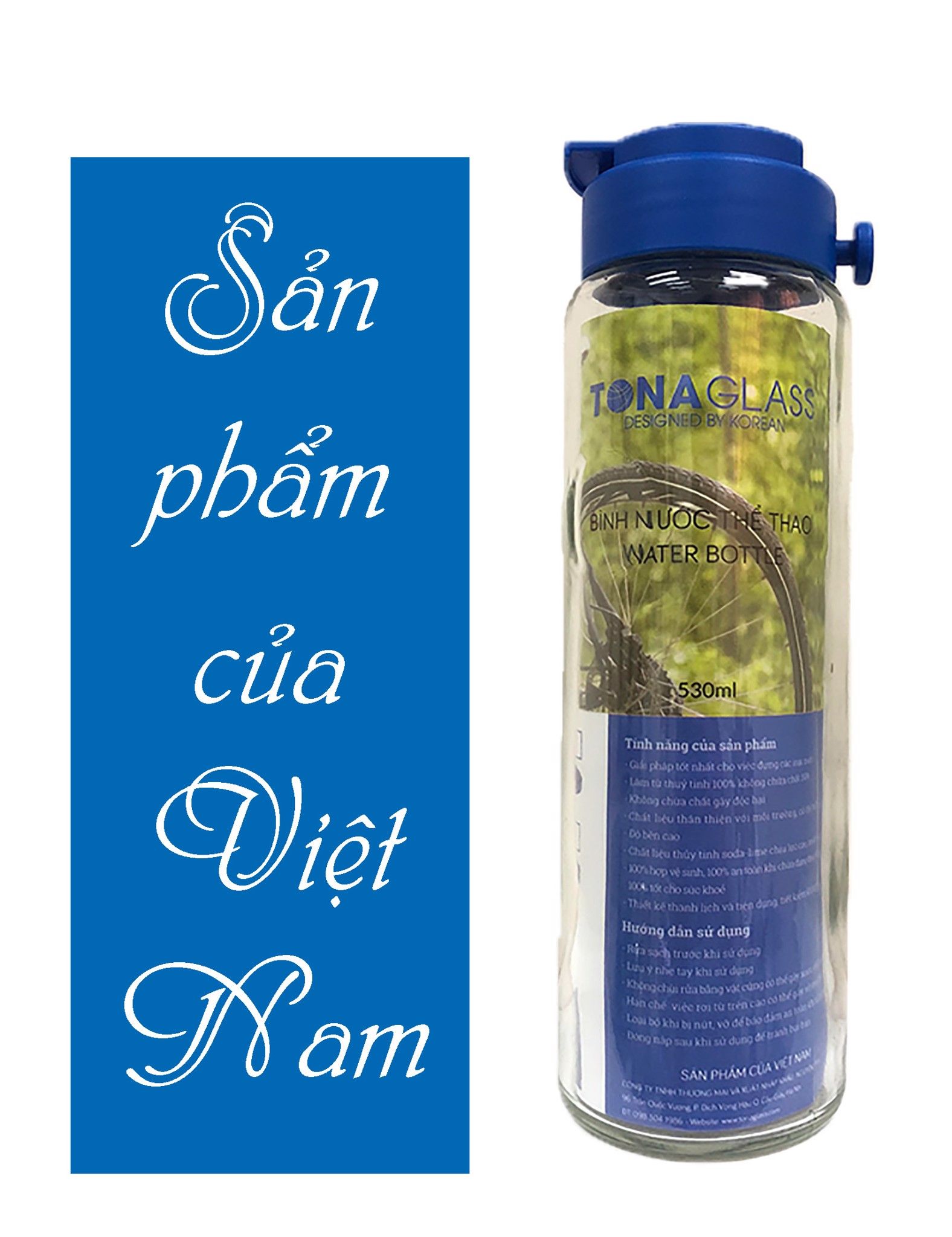 Bình nước thủy tinh Tonaglass dung tích 530ml nắp nhựa cao cấp.