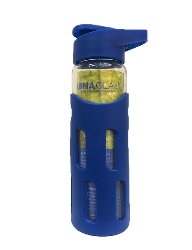 Bình nước thủy tinh Tonaglass dung tích 530ml nắp nhựa cao cấp, bọc nhựa sọc