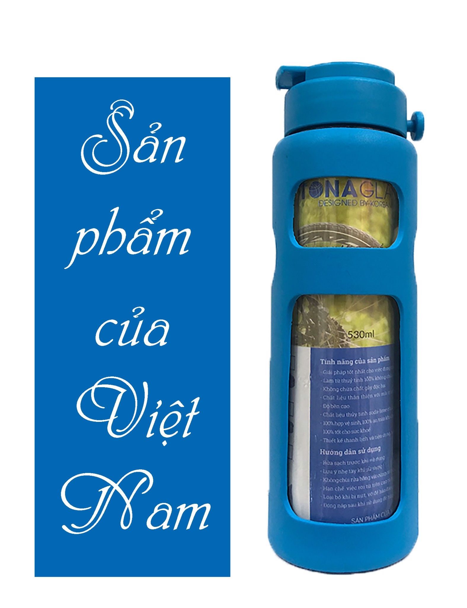 Bình nước thủy tinh Tonaglass, dung tích 530ml nắp cao cấp có quai xách, bọc silicone màu xanh nhạt
