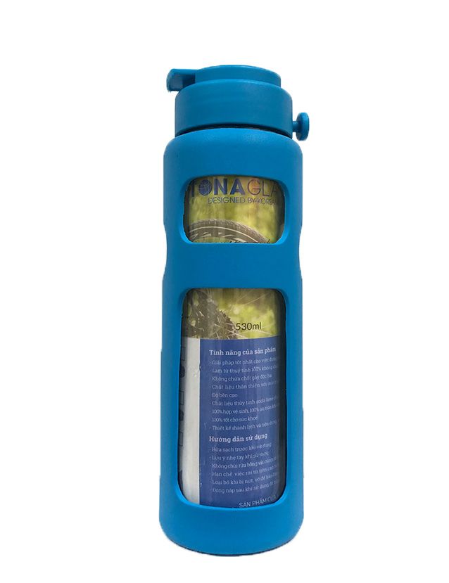 Bình nước thủy tinh Tonaglass, dung tích 530ml nắp cao cấp có quai xách, bọc silicone màu xanh nhạt