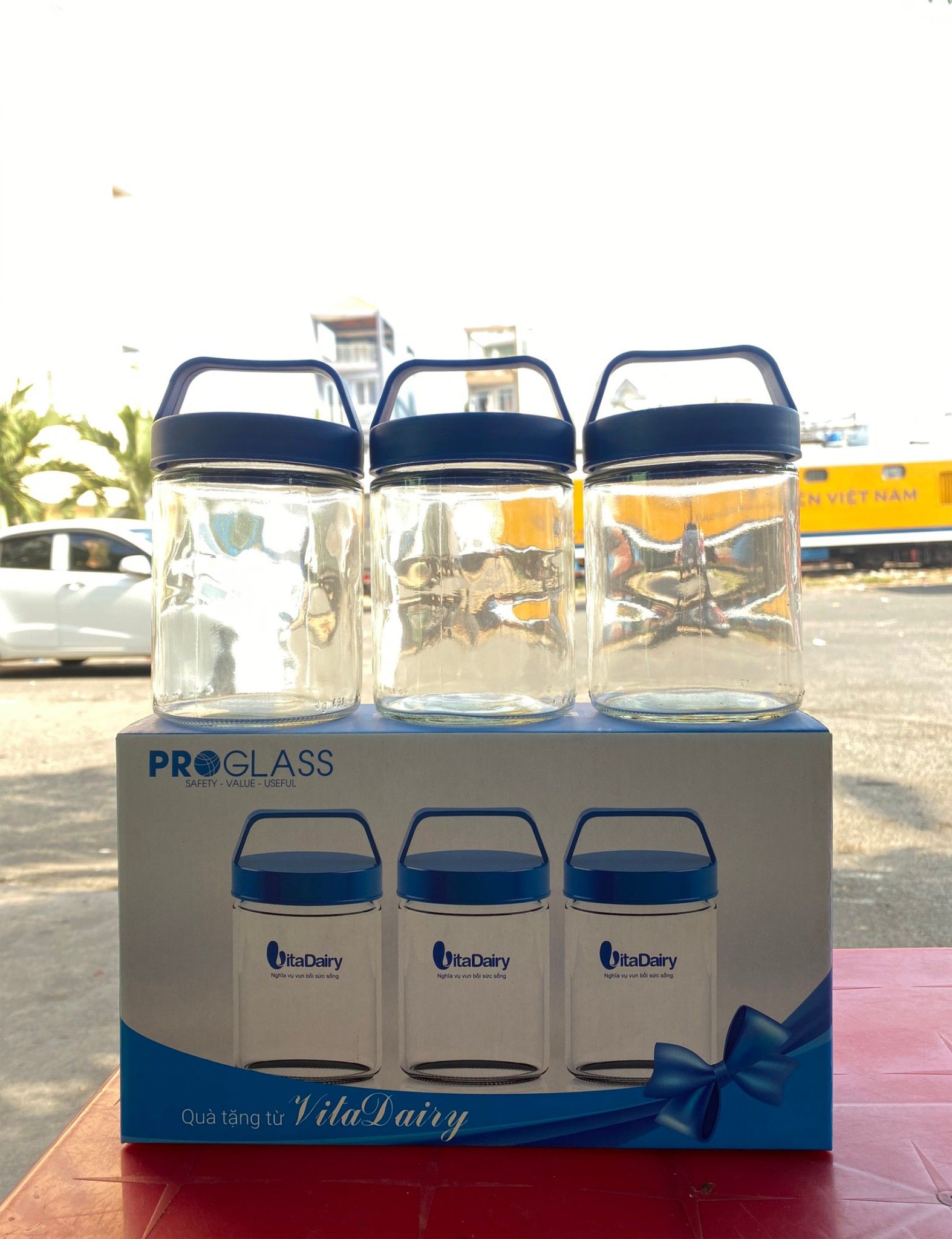 Bộ 3 hũ thủy tinh Proglass 460ml, nắp quai xách