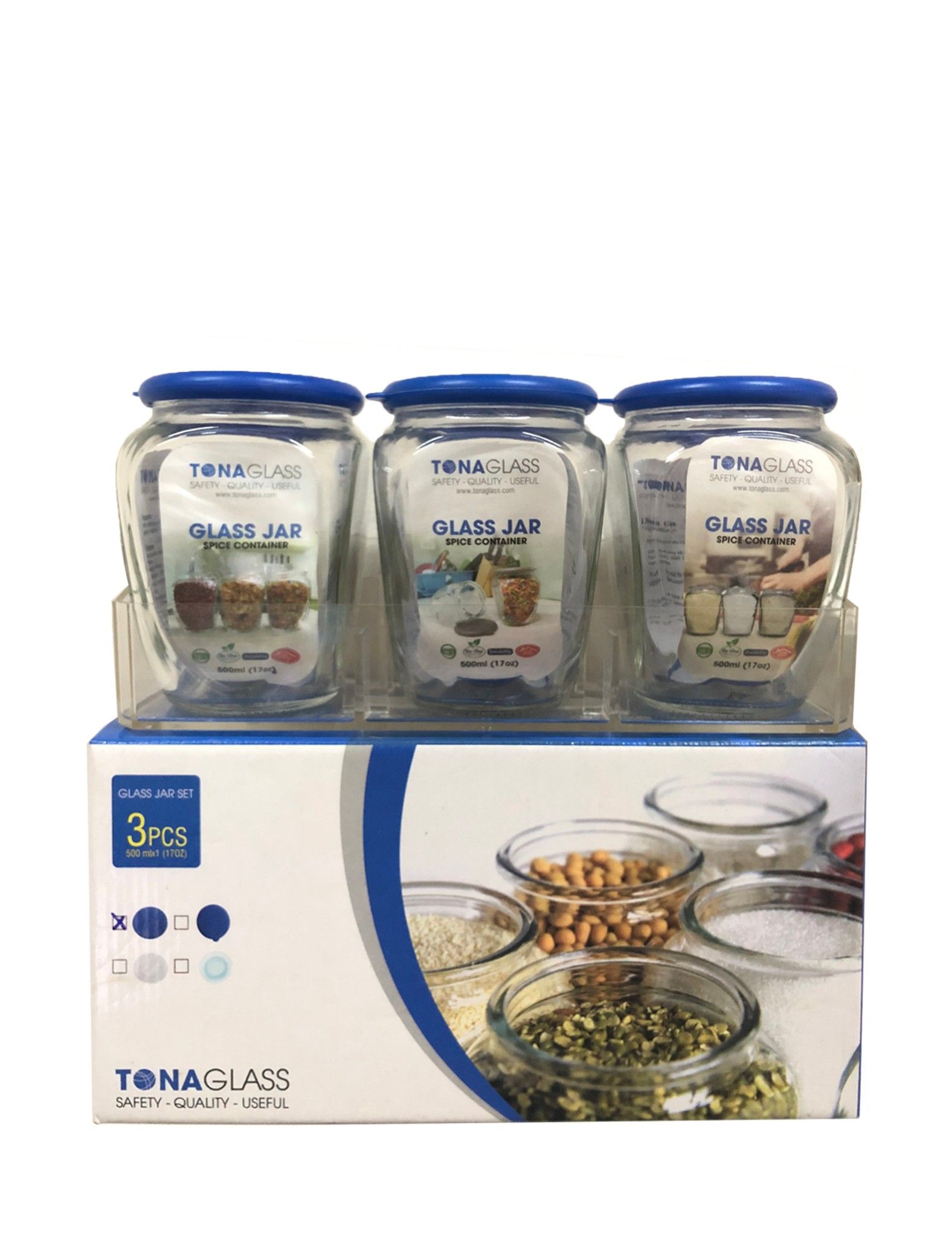 Bộ 3 hũ thủy tinh vuông Tonaglass 500ml nắp nhựa, có khay bằng nhựa Acrylic