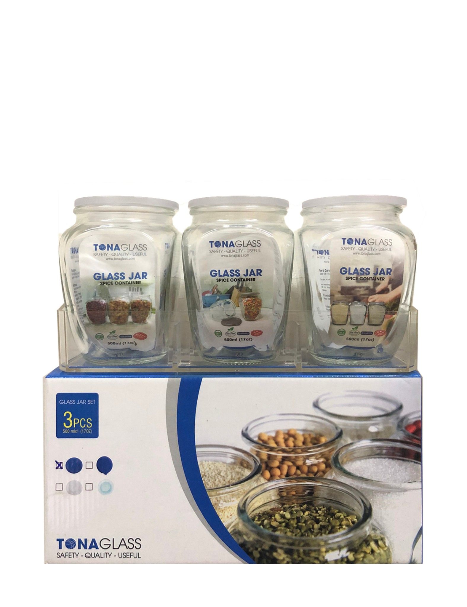 Bộ 3 hũ thủy tinh Tonaglass 500ml, nắp nhựa PS cao cấp có gioăng silicone, có khay bằng nhựa Acrylic