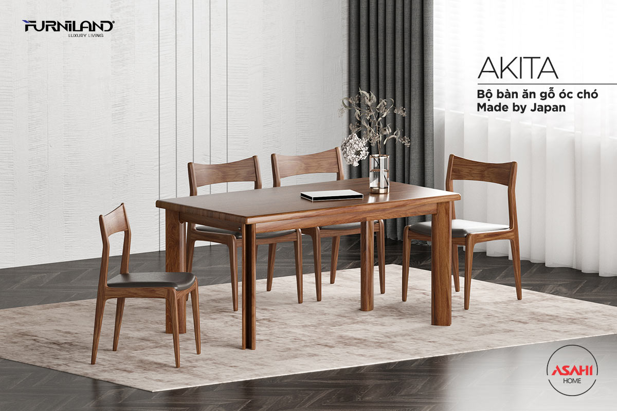 Bộ bàn ghế ăn gỗ óc chó Akita 1m5 - bàn ăn - bộ bàn ăn