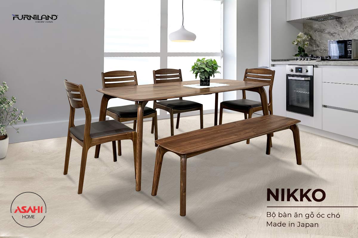 Bộ bàn ghế ăn gỗ óc chó Nikko 1m8 - bàn ăn - bộ bàn ăn
