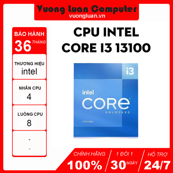 CPU Intel Core i3 13100 (3.42GHz Turbo Upto 4.5GHz, 4 Nhân 8 Luồng, Cache 12MB, Socket LGA 1700)