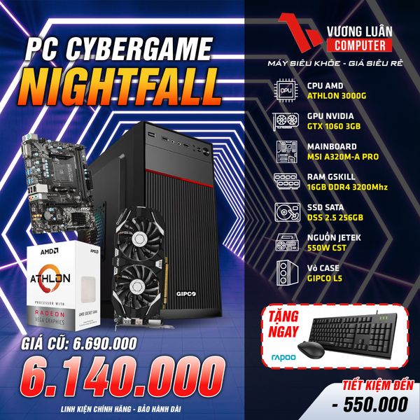PC Gaming NightFall AMD Athlon 3000G| RAM 16G| SSD 250GB| VGA GTX 1060 3GB