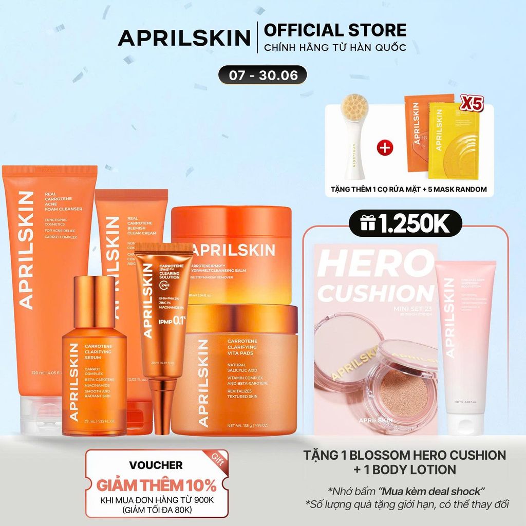 Set Carrot Full 6 món ( Sáp tẩy trang Carrot Balm+ SRM Carrot+ Toner Pad Carrot+ Serum Carrot+ Kem Carrot+ Kem IPMP Solution)*
