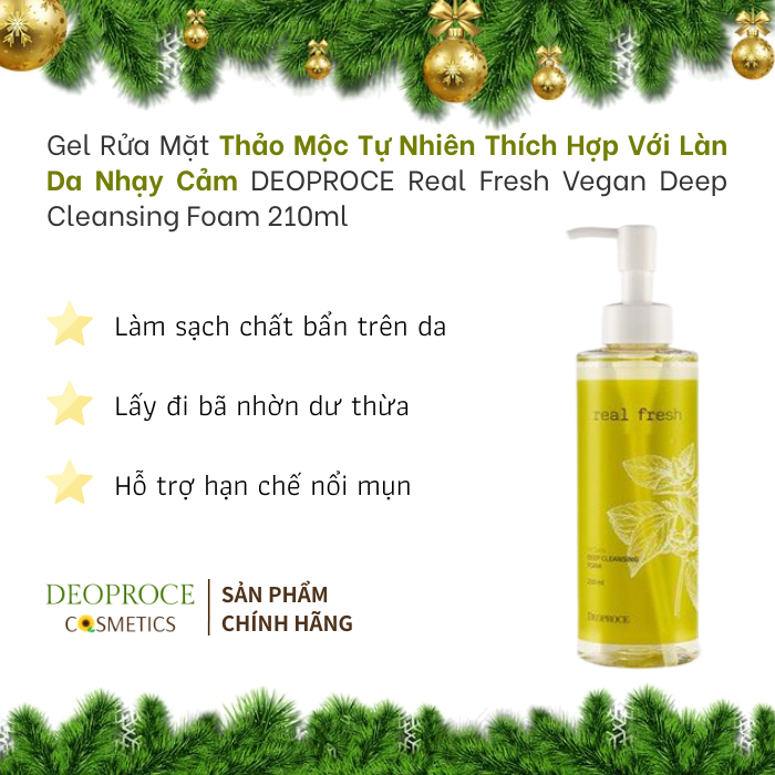 [SỮA RỬA MẶT THẢO MỘC] Da Dầu Mụn Chiết Xuất 8 loại Thảo Mộc DEOPROCE Real Fresh Vegan Deep Cleansing Foam 210ml