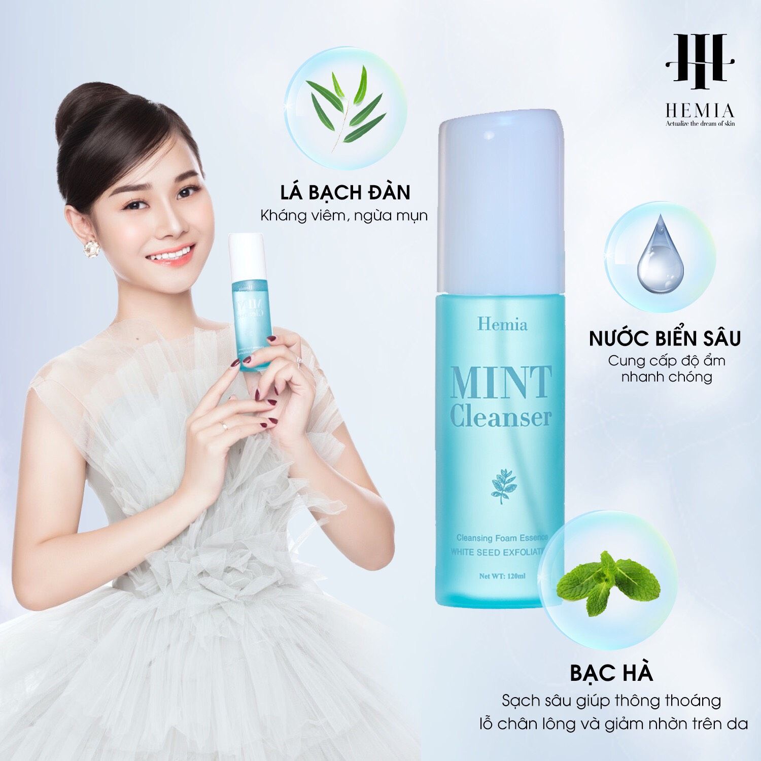 Tinh thể rửa mặt bạc hà Hemia sạch sâu, kiềm dầu, ngừa mụn, dịu nhẹ, an toàn cho da