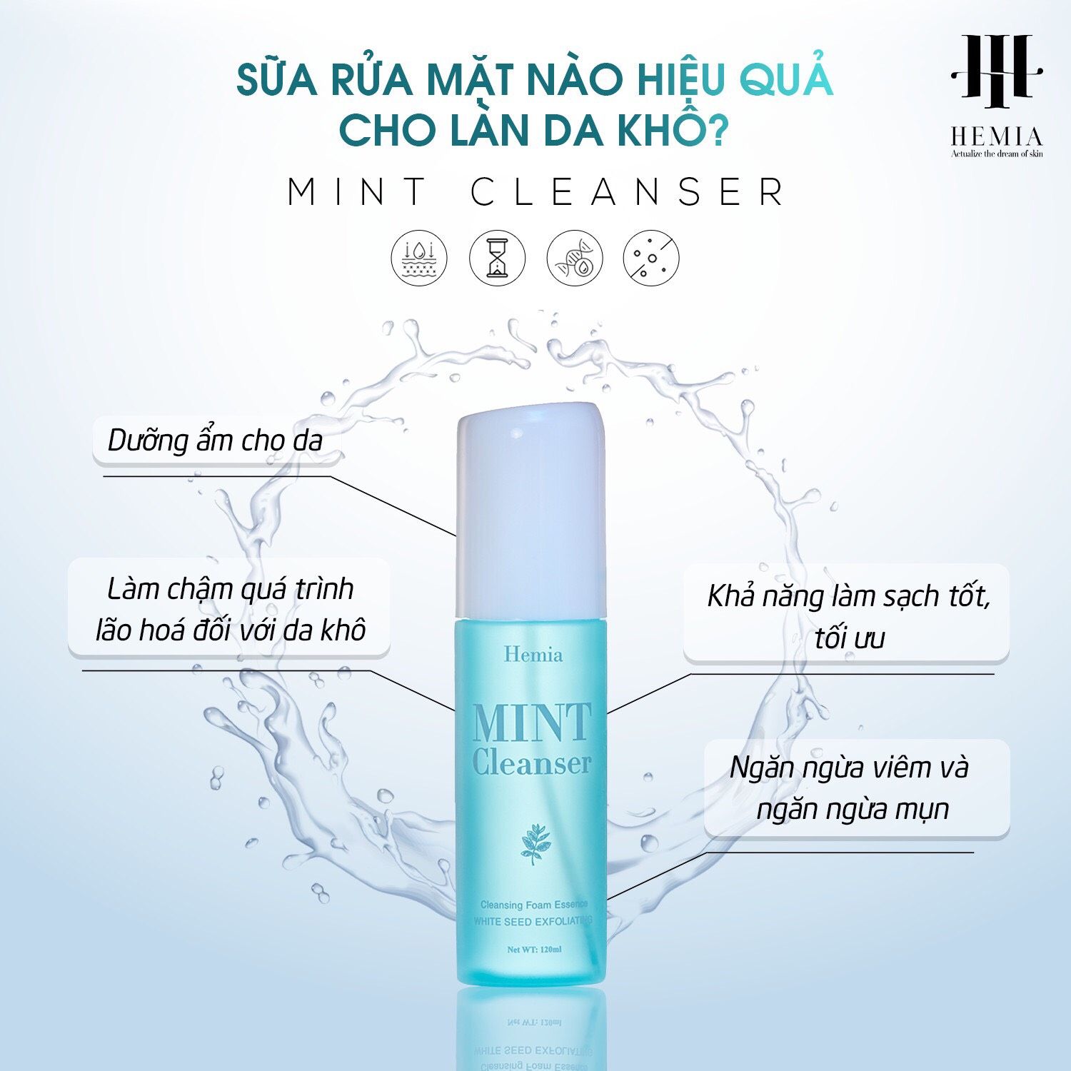Tinh thể rửa mặt bạc hà Hemia sạch sâu, kiềm dầu, ngừa mụn, dịu nhẹ, an toàn cho da