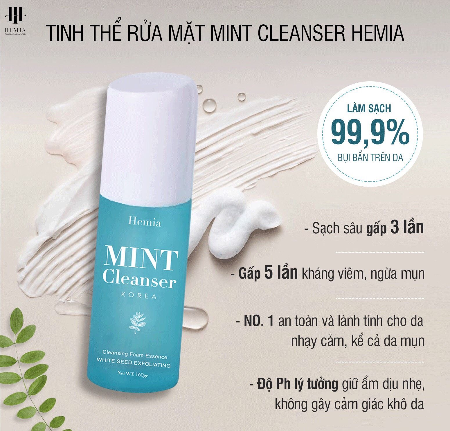 Tinh thể rửa mặt bạc hà Hemia sạch sâu, kiềm dầu, ngừa mụn, dịu nhẹ, an toàn cho da