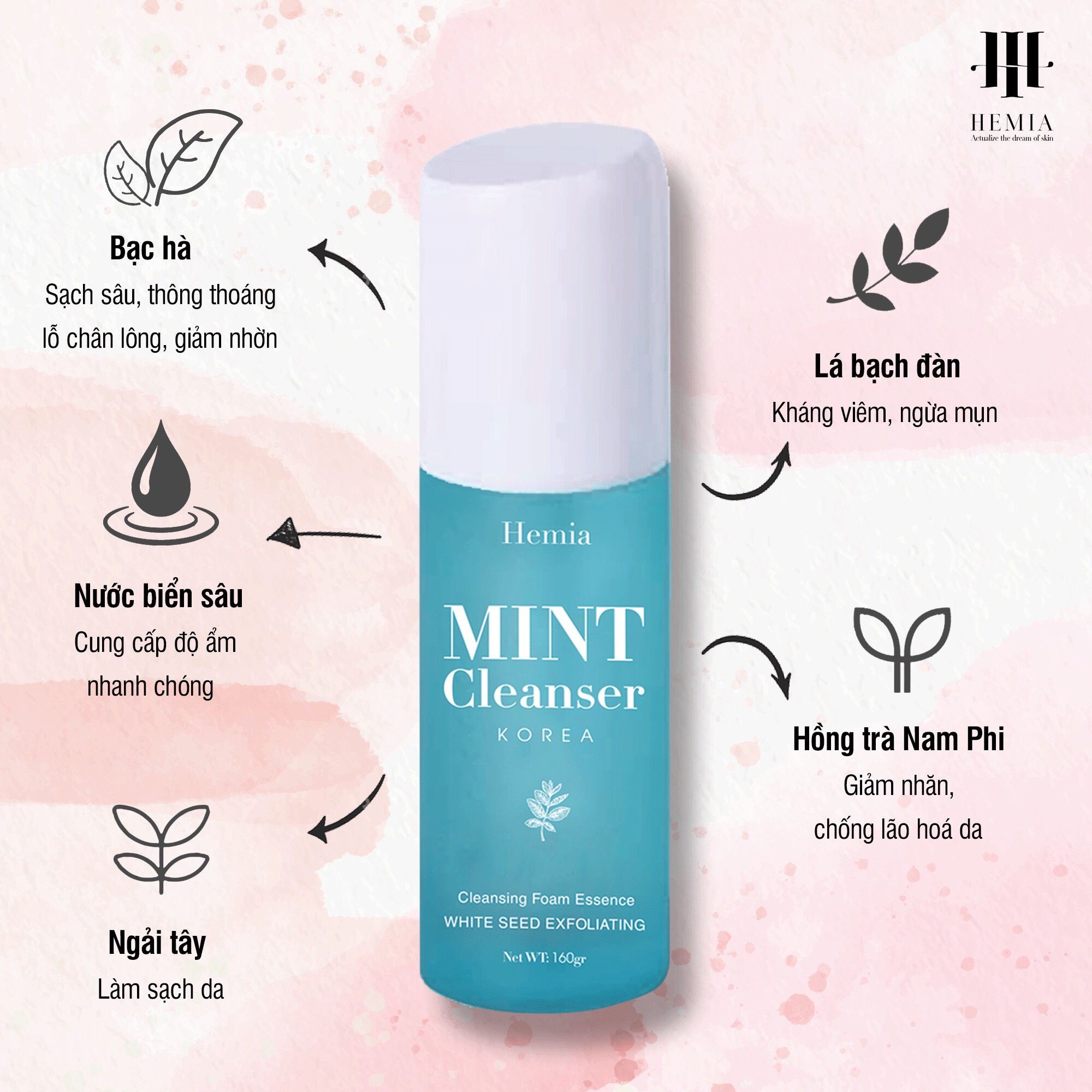 Tinh thể rửa mặt bạc hà Hemia sạch sâu, kiềm dầu, ngừa mụn, dịu nhẹ, an toàn cho da
