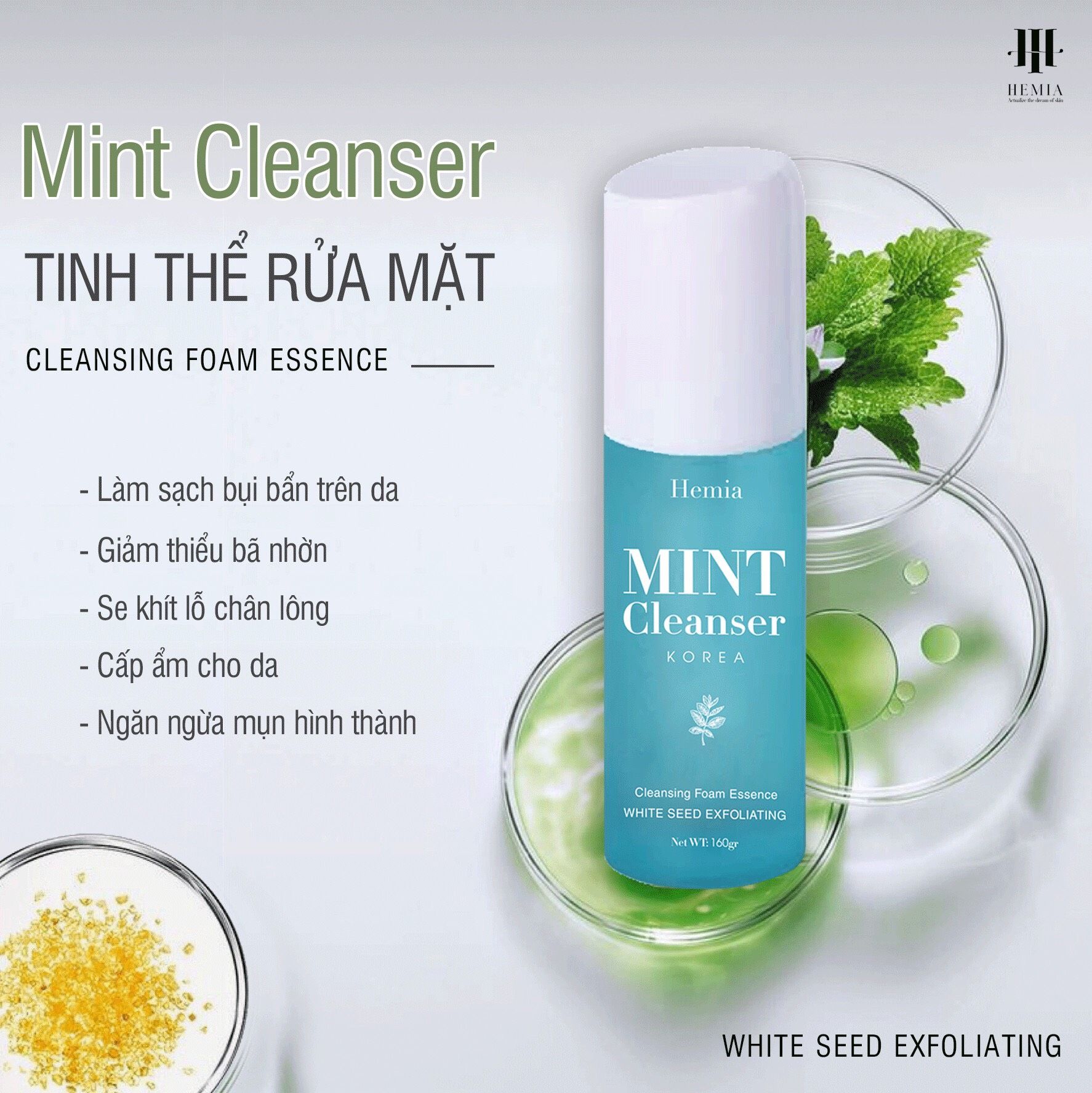Tinh thể rửa mặt bạc hà Hemia sạch sâu, kiềm dầu, ngừa mụn, dịu nhẹ, an toàn cho da