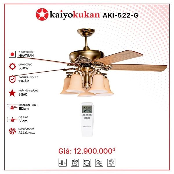 Quạt trần đèn Nhật Bản Kaiyo Kukan 5 cánh D152cm 50W DC AKI 522 G