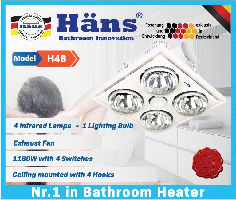 Đèn sưởi nhà tắm 4 bóng âm trần Hans - H4B