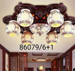 Đèn thả gỗ 6 chao gốm 86079/6+1 VLTHGO-015