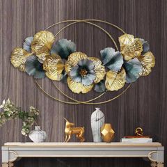 Decor treo tường trang trí phòng khách tán lá mạ xanh vàng VLA0821