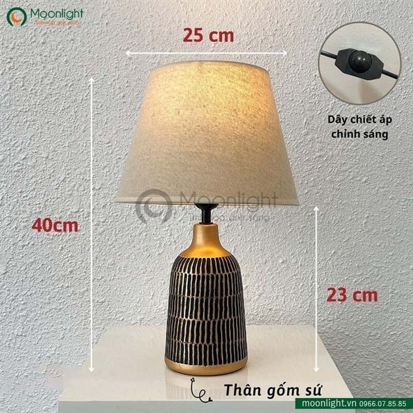 Đèn bàn thân gốm vàng đồng họa tiết đen DBG010 KT H40*25 E27 VLDBGM-060