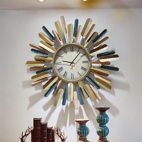 Decor đồng hồ trang trí phòng khách toả tán lá nhiều màu pastel