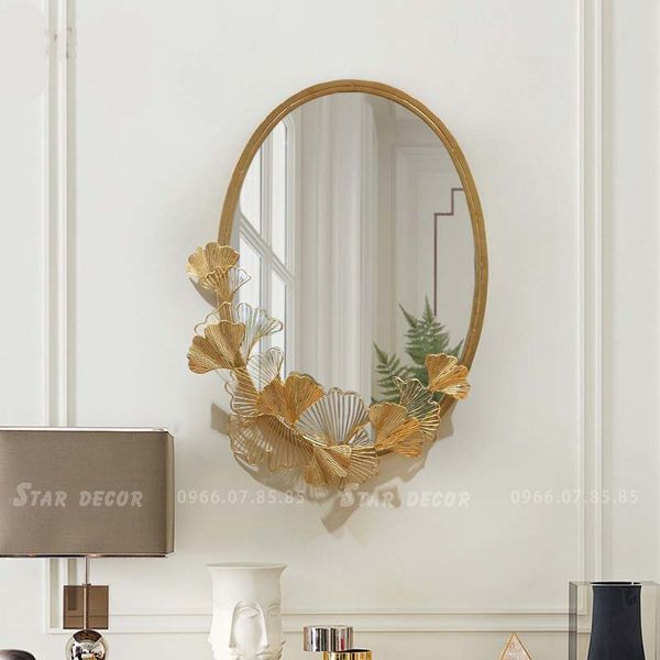 Decor gương trang trí phòng khách phủ hoa lá vàng ML_219