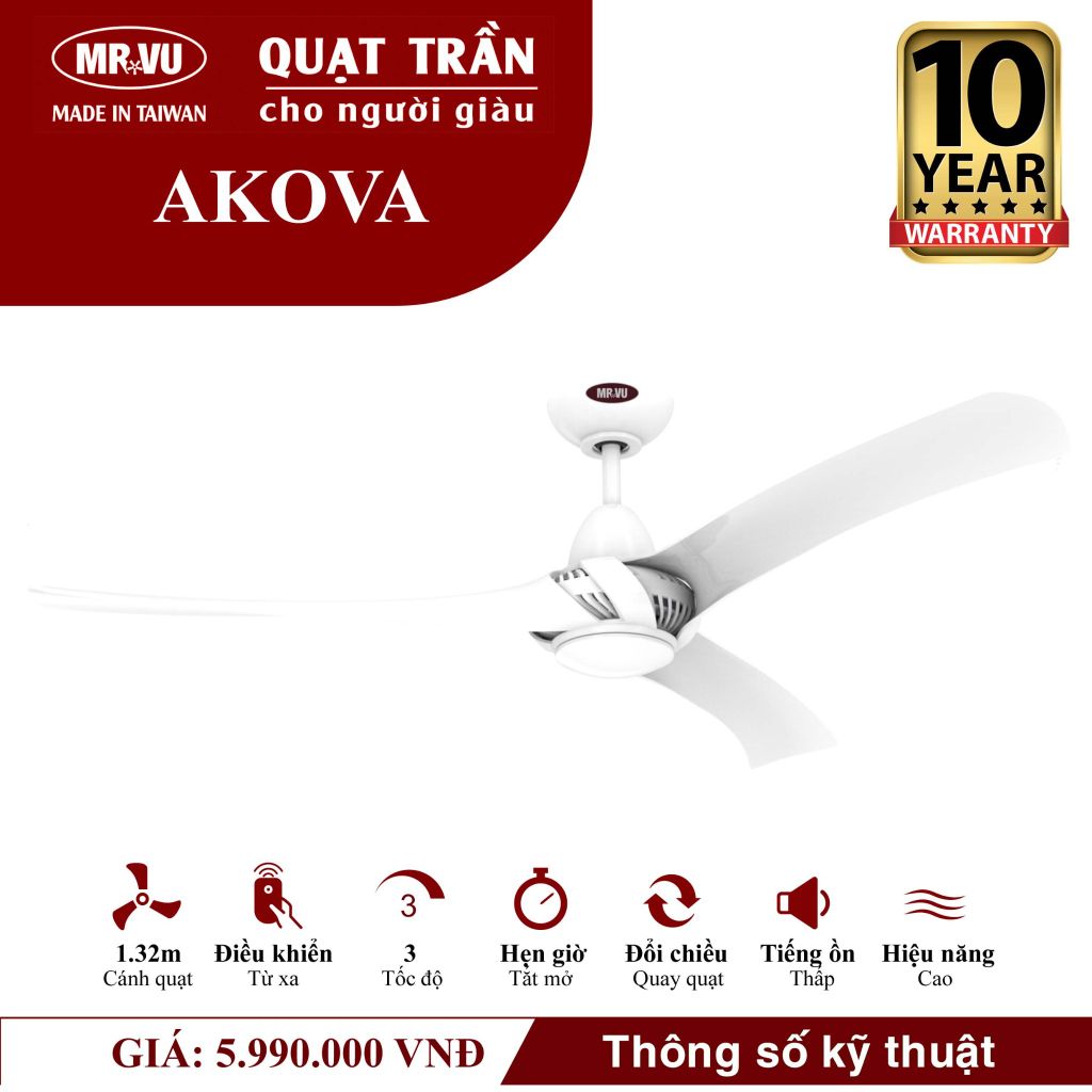 Quạt trần đèn Mr.Vu AKOVA 3 cánh 1m32 80W AC