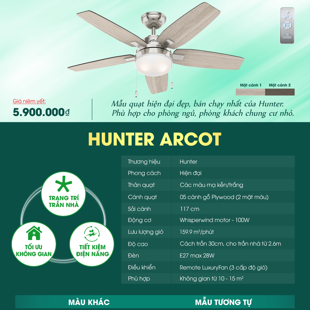 Quạt trần đèn Mỹ Hunter Arcot 5 cánh 117cm 100w AC