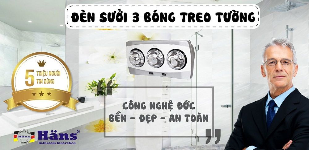 Đèn sưởi nhà tắm 3 bóng treo tường Hans treo tường dùng công tắc H3B