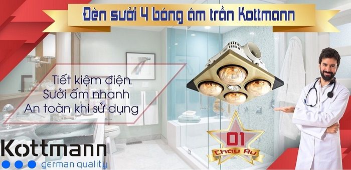 Đèn sưởi nhà tắm âm trần 4 bóng Kottmann dùng hộp công tắc K4BT