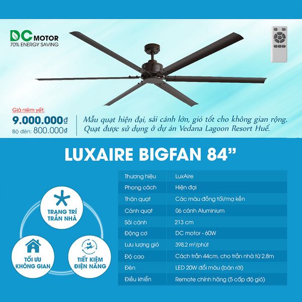 Quạt trần Đài Loan Luxaire Bigfan 96'' 6 cánh nhôm 244cm 60w DC