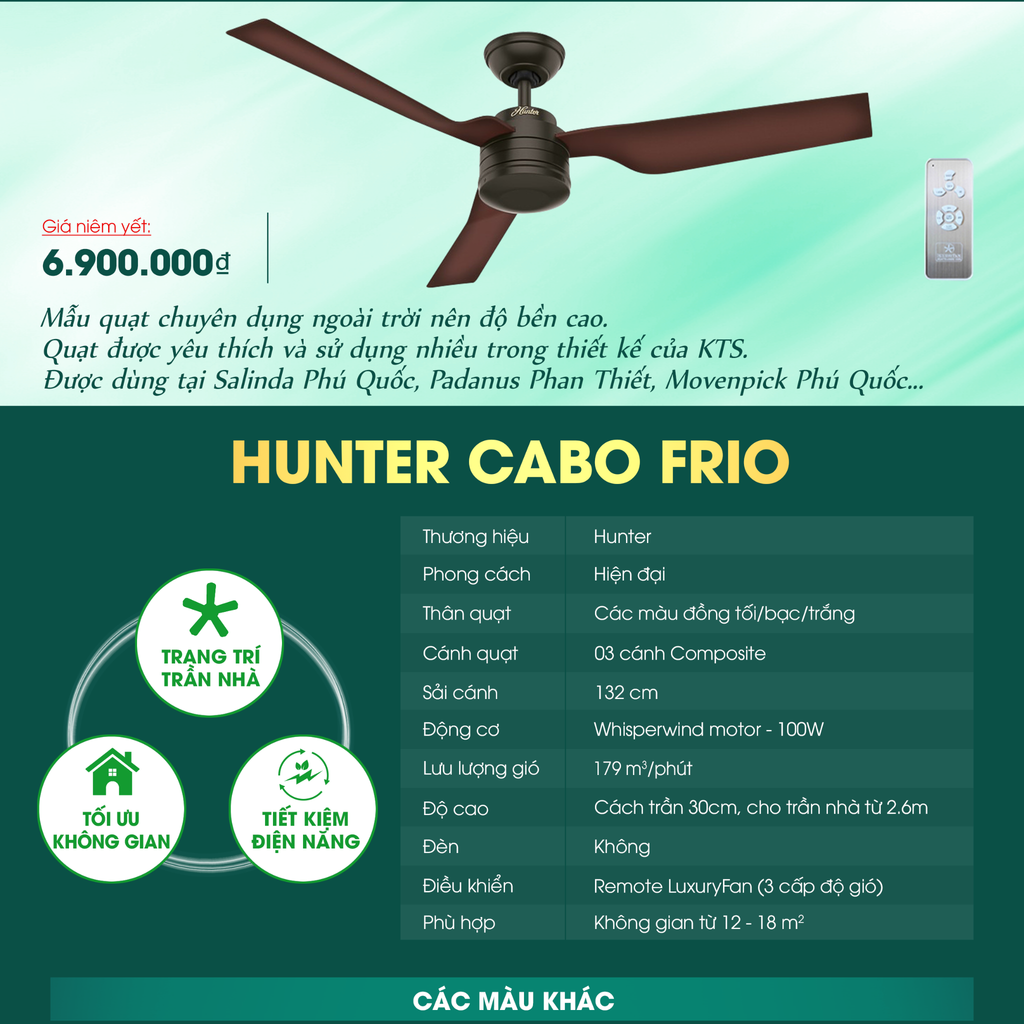 Quạt trần Mỹ Hunter Cabo Frio 3 cánh 132cm 100w AC - có đèn