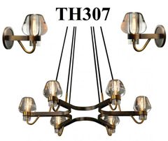 Đèn thả trang trí chao thủy tinh khói thân sắt mạ đồng H650 D1150 8G9 LVD TH307B8 VLTHTR-031