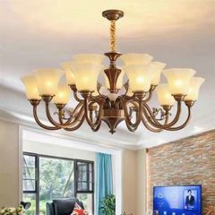 Đèn chùm đồng chao thủy tinh 15 tay màu vàng D95*46cm E14*15 VLCHDO-287-AE