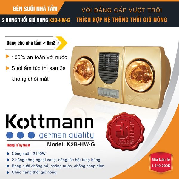 Đèn sưởi nhà tắm kèm quạt thổi gió nóng Kottmann 2 bóng K2B-HW-G