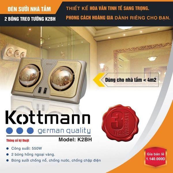 Đèn sưởi nhà tắm Kottmann 2 bóng âm trần K2BH