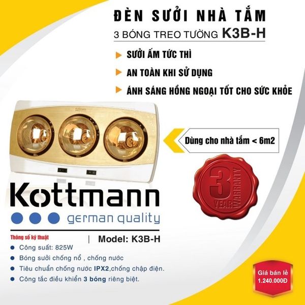 Đèn sưởi nhà tắm Kottmann 3 bóng gắn tường K3BH