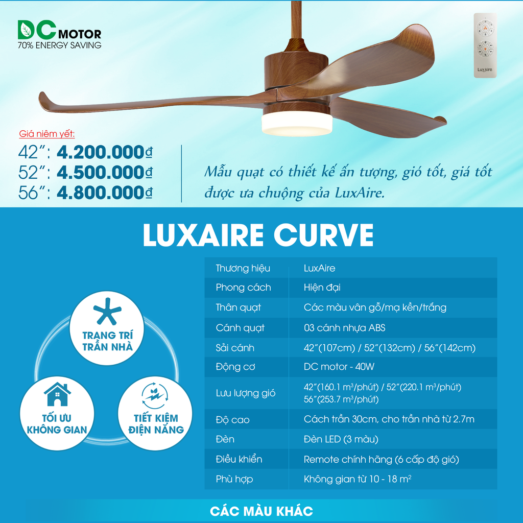 Quạt trần đèn Đài Loan Luxaire Curve 3 cánh 107/132/142cm 45w DC