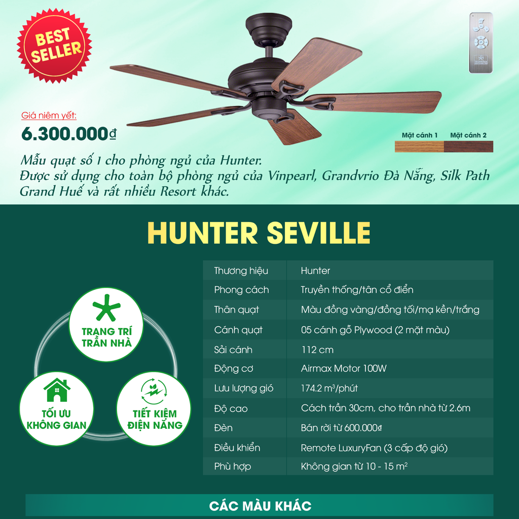 Quạt trần Mỹ Hunter Seville 5 cánh 112cm 100w AC