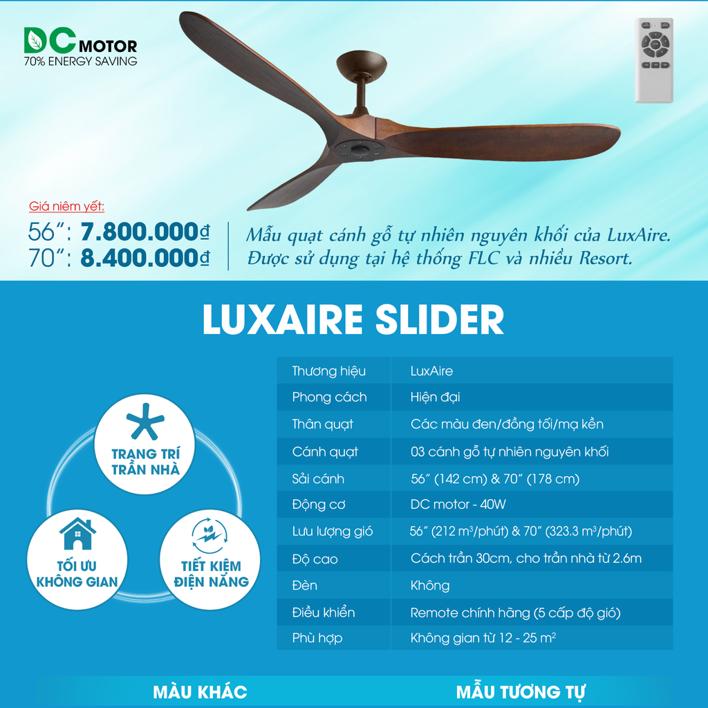 Quạt trần Đài Loan Luxaire Slider 70'' 3 cánh 142/178cm 40w DC