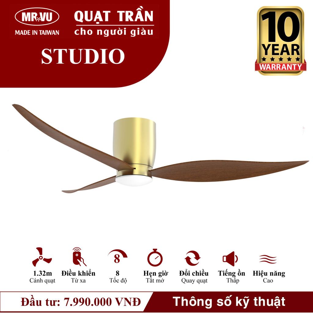 Quạt trần đèn Mr.Vu STUDIO 3 cánh 1m12 40W DC