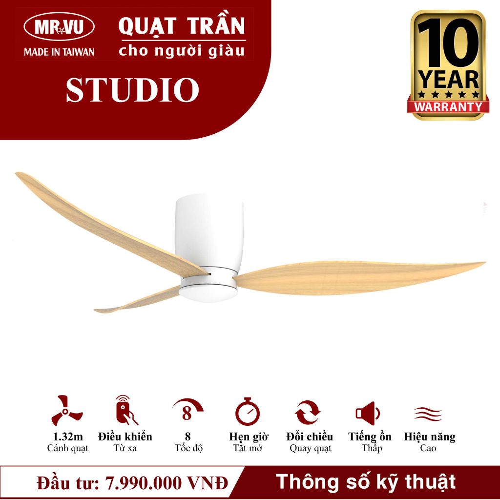 Quạt trần đèn Mr.Vu STUDIO 3 cánh 1m12 40W DC