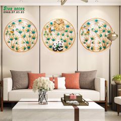 Decor đồng hồ trang trí phòng khách 2 con gấu trúc trong khu rừng tre ML_218