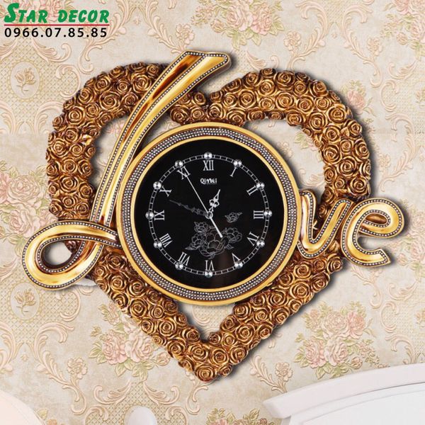 Decor đồng hồ trang trí phòng khách chữ LOVE kết hợp trái tim hoa hồng ML_229