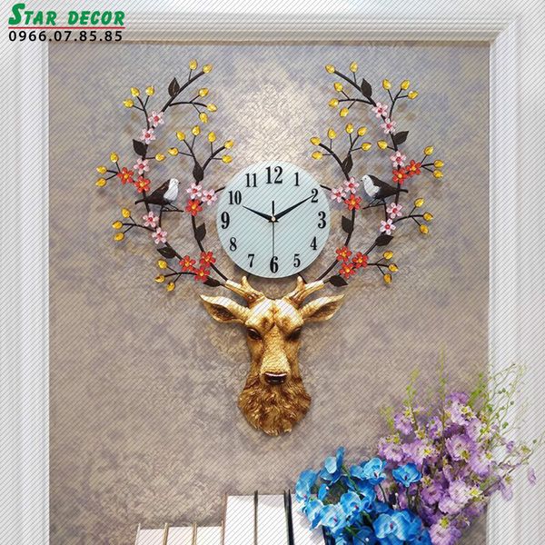 Decor đồng hồ trang trí phòng khách huơu sừng tấm hoa ML_234