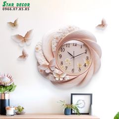 Decor đồng hồ trang trí phòng khách hoa bướm bay màu hồng ML_235