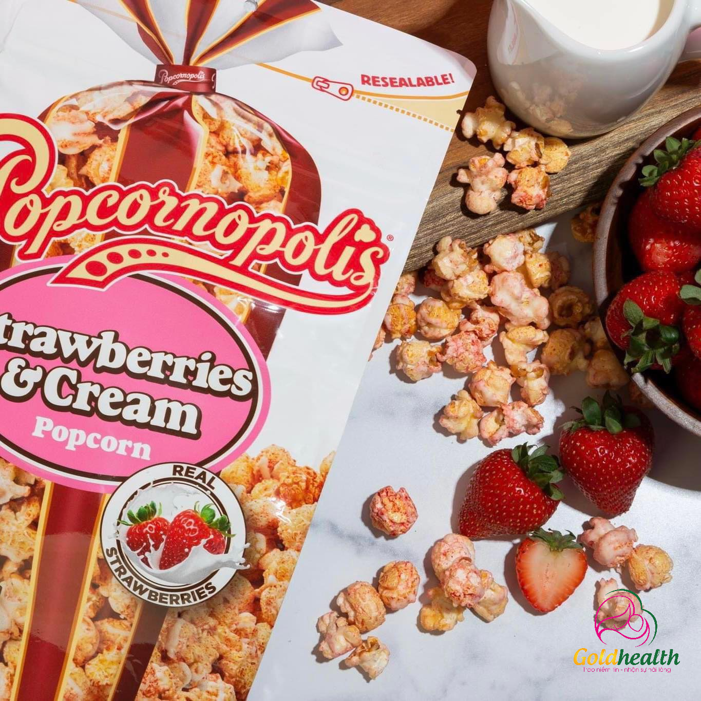 Bắp Rang Popcornopolis Strawberries & Cream Mỹ Vị Dâu và Kem Vani_680gr