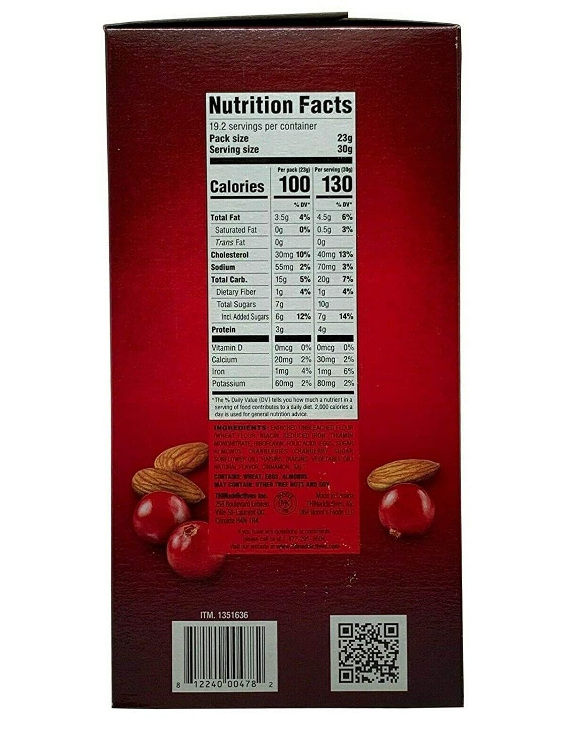 Bánh Quy Sấy Hạnh Nhân THINaddictives CranBerry Hộp 75 Miếng trong 25 Gói Nhỏ_575g