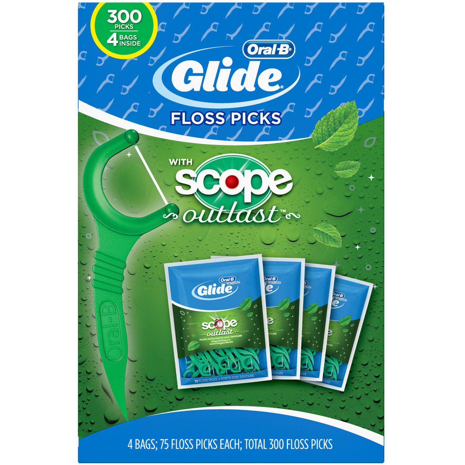 Pack 4 Túi Tăm Chỉ Nha Khoa Bạc Hà Oral-B Glide Scope Outlast 75 Cái/Gói