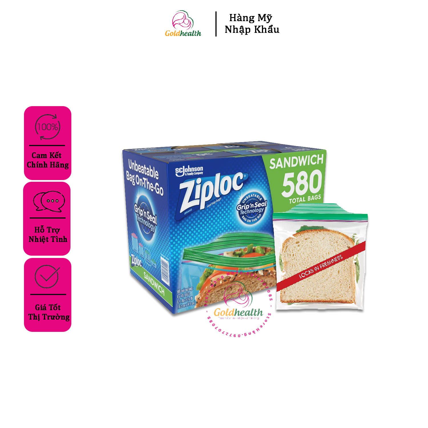 TÚI ZIPLOC ĐỰNG THỰC PHẨM CỦA MỸ ZIPLOC ZIPLOC SANDWICH 580 TOTAL BAGS