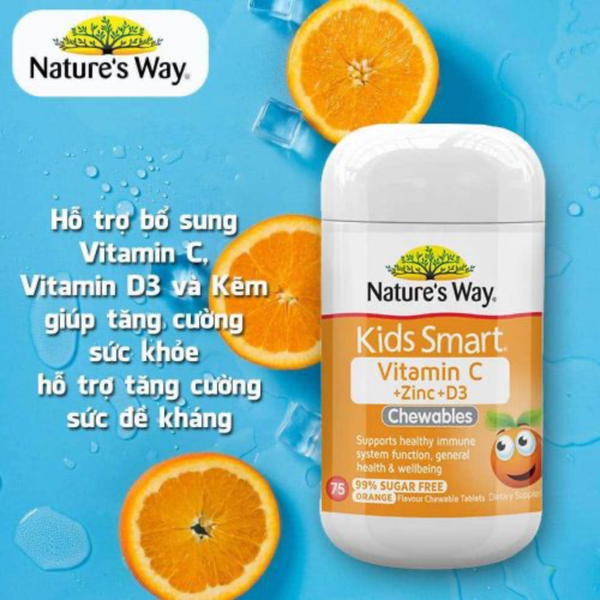 Nature’s Way Viên Nhai Bổ Sung Vitamin C Kẽm Cho Bé Kids Smart Vitamin C + Zinc + D3 Chewable Tablets 75 Viên